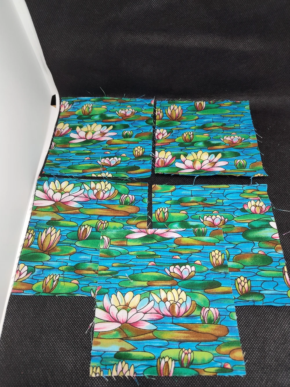 5 4.50 Floral Water Lily Cotton Fabric Squares - Blue Green